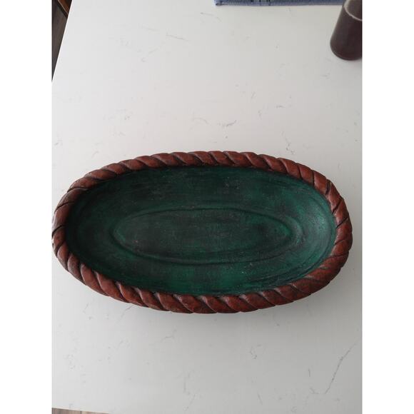 Handmade Mexican Emerald green with brown rope twisted Edge ceramic Bowl platter - Picture 2 of 4